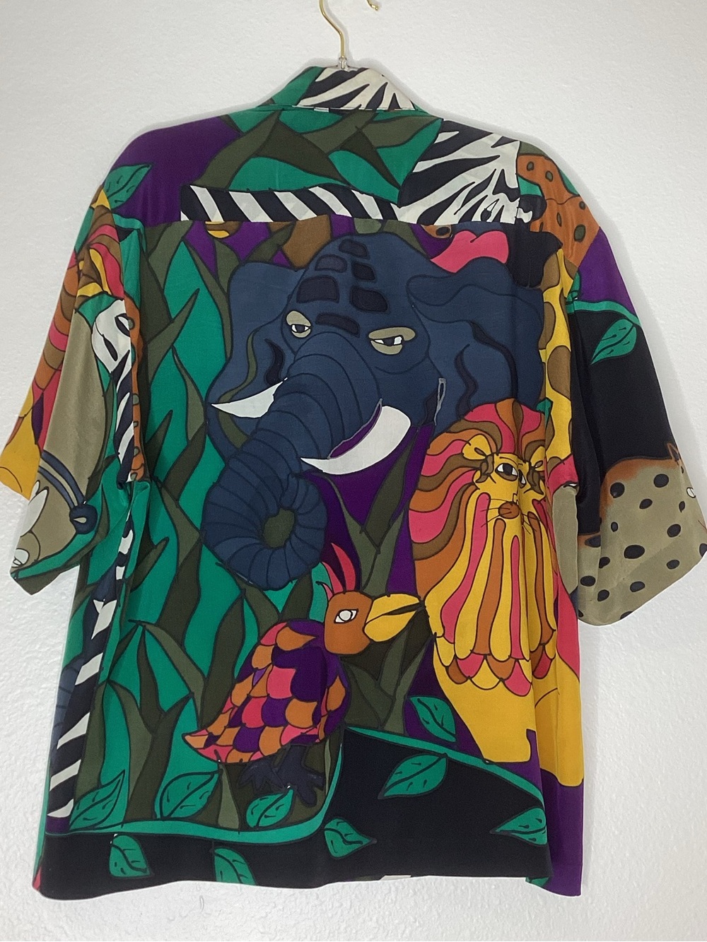 Vintage Jungle Safari Animal Print Button-Up Silk Blouse Med